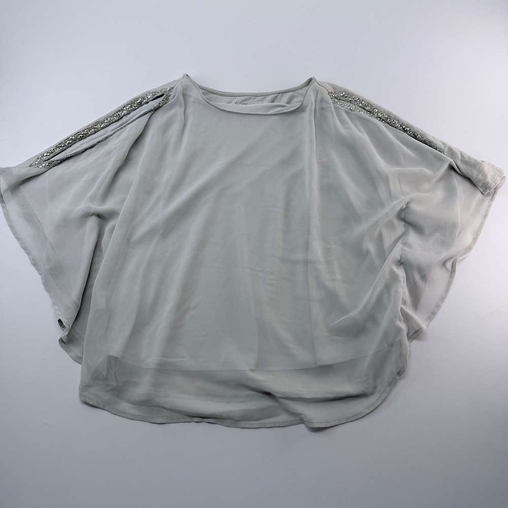 Chicos Light Gray Cold Shoulder Sequin Embellished Chiffon Top Size 3 XL